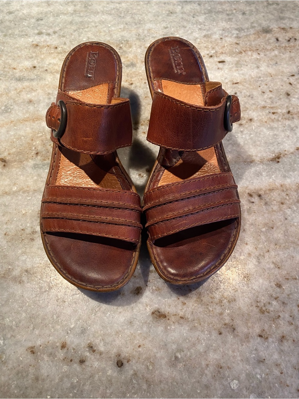 Born Azia Brown Leather Wedge Slide Sandals 11 - Picture 2 of 6